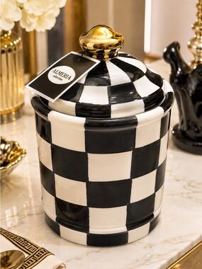 Almeria Black & White Check Ceramic Canister with Gold Knob 7 hight